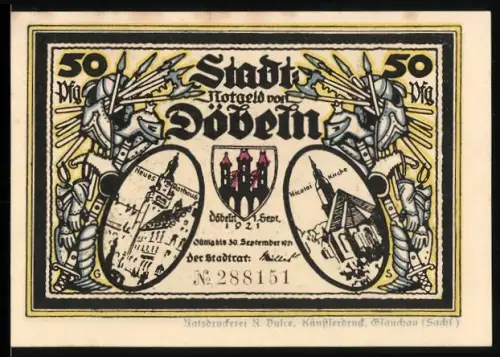 Notgeld Döbeln 1921, 50 Pf., Neues Rathaus und Nikolaikirche, Überfall in der Fastnacht 1450