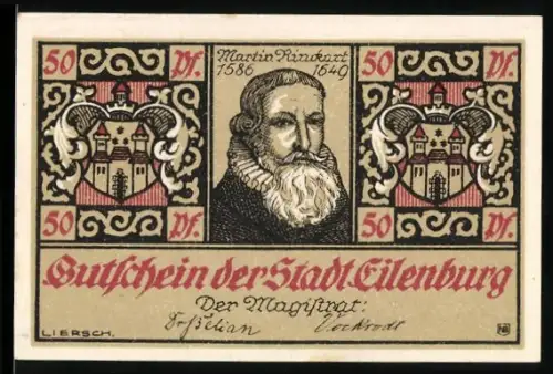Notgeld Eilenburg 1921, 50 Pfennig, Martin Rinckart und Trommler des Dreissigjährigen Krieges