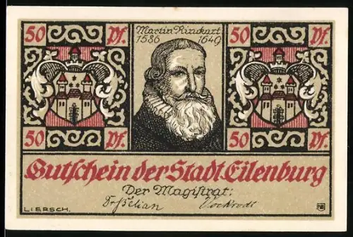 Notgeld Eilenburg 1921, 50 Pfennig, Martin Rinckart Porträt und Predigt während des Dreissigjährigen Krieges