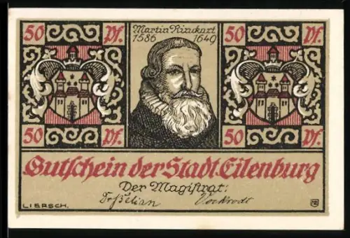 Notgeld Eilenburg 1921, 50 Pfennig, Porträt von Martin Rinckart und flüchtende Einwohner 1633