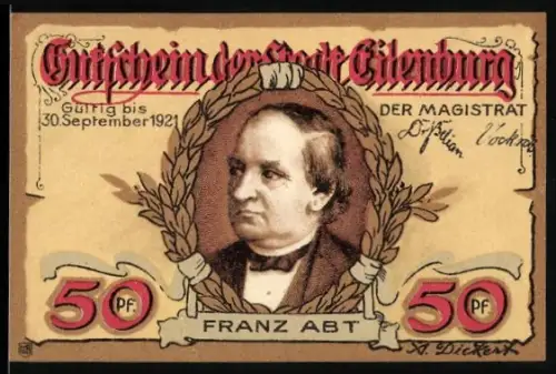 Notgeld Eilenburg 1921, 50 Pf, Franz Abt Porträt und Rathausansicht