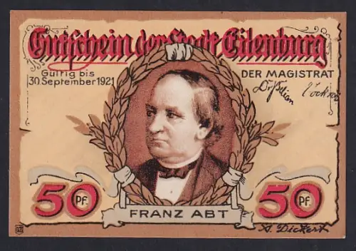Notgeld Eilenburg 1921, 50 Pf, Franz Abt Porträt, Bergstrasse-Motiv