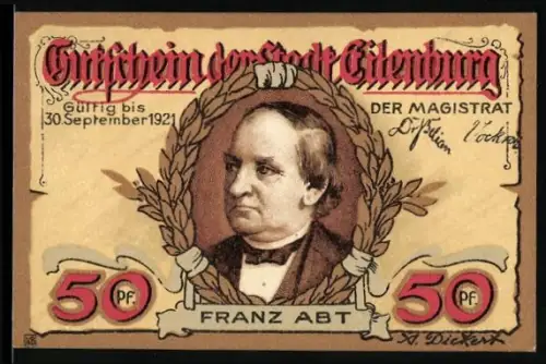 Notgeld Eilenburg 1921, 50 Pf, Porträt von Franz Abt und altes Portal mit Inschrift