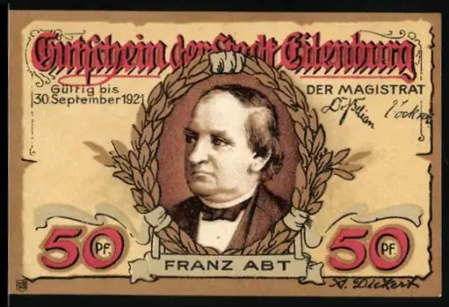 Notgeld Eilenburg 1921, 50 Pf, Franz Abt Porträt und Denkmal im Waldumfeld