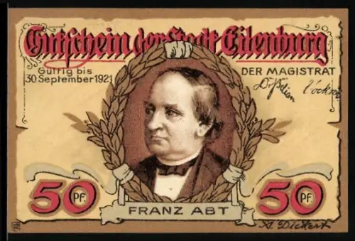 Notgeld Eilenburg 1921, 50 Pf, Porträt Franz Abt, Schlossansicht