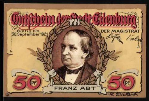 Notgeld Eilenburg 1921, 50 Pf, Franz Abt Porträt und Geburtshaus