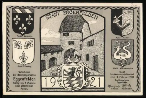 Notgeld Eggenfelden 1921, 50 Pf., Stadttor, Wappen, St. Christophorus mit Kind