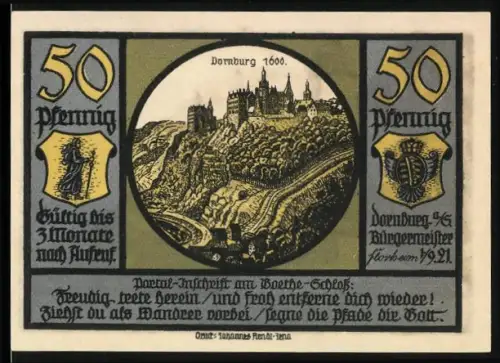 Notgeld Dornburg /Saale 1921, 50 Pfennig, Schlossansicht und Goethe mit Christiane und August
