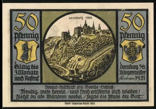 Notgeld Dornburg /Saale 1921, 50 Pfennig, Schlossansicht und Goethe-Denkmal