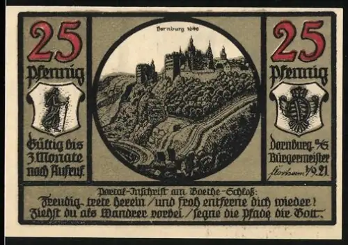 Notgeld Dornburg a. S. 1921, 25 Pfennig, Dornburg Schloss und Landschaft, Wappen