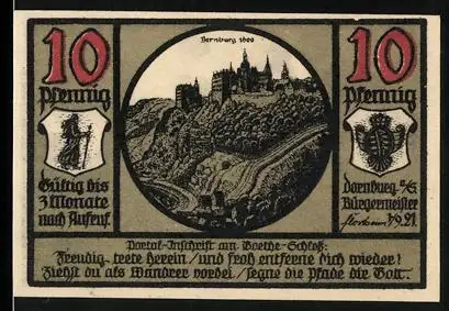 Notgeld Dornburg /Saale 1921, 10 Pfennig, Schloss und Rathaus mit Wappen