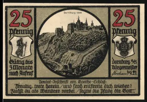 Notgeld Dornburg a. S. 1921, 25 Pfennig, Burgansicht und Landschaft mit Bank und Fluss