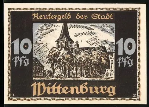 Notgeld Wittenburg i. Mcklbg. 1921, 10 Pfennig, Ortsansicht mit Kirche und Bergmann mit Hacke