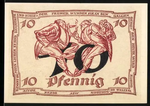 Notgeld Arnstadt 1921, 10 Pfennig, tanzende Männer und Wappen mit Adler
