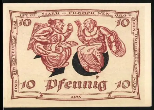 Notgeld Arnstadt 1921, 10 Pfennig, zwei Frauen mit Flaschen und Adler im Hintergrund