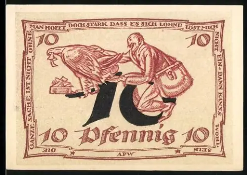 Notgeld Arnstadt 1921, 10 Pfennig, Adler und Mann mit Tragekorb auf Adlerkopf