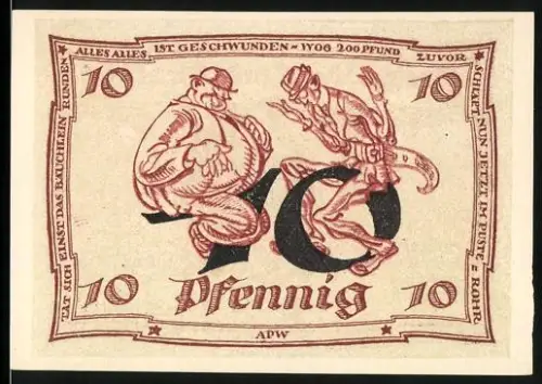Notgeld Arnstadt 1921, 10 Pfennig, satirische Figuren und Adler-Motiv