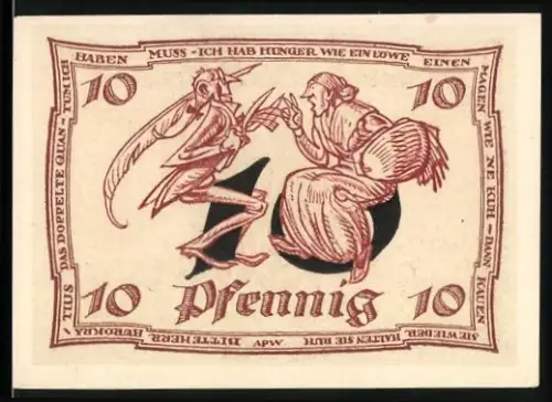 Notgeld Arnstadt 1921, 10 Pfennig, tanzende Figuren und Adlerwappen