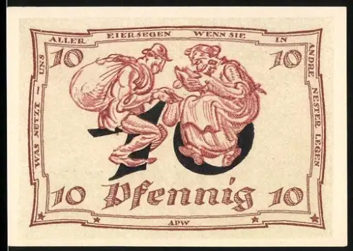 Notgeld Arnstadt 1921, 10 Pfennig, Darstellung von Mann und Frau mit Rucksack, Adler und Wellenlinien