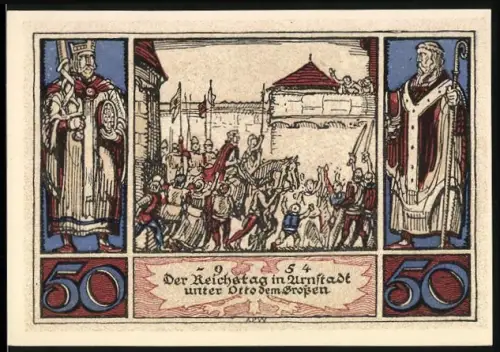 Notgeld Arnstadt 1921, 50 Pfennig, Reichstag unter Otto dem Grossen, mittelalterliche Szene