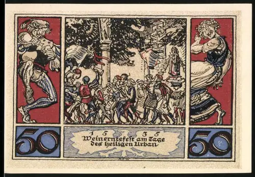 Notgeld Arnstadt 1921, 50 Pfennig, Weinerntefest am Tage des heiligen Urban, Adlerwappen