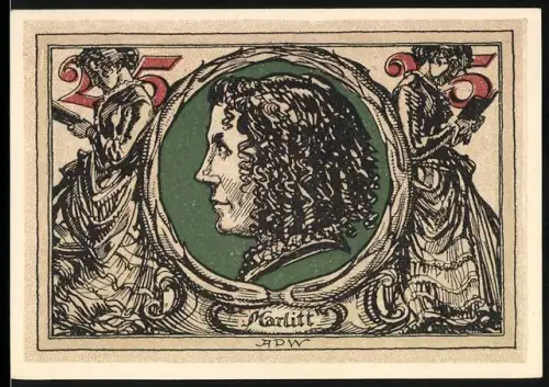 Notgeld Arnstadt 1921, 25 Pfennig, Porträt mit zwei Frauenfiguren und Adlerwappen