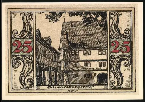 Notgeld Arnstadt 1921, 25 Pfennig, Schwarzburger Hof und Adlerwappen