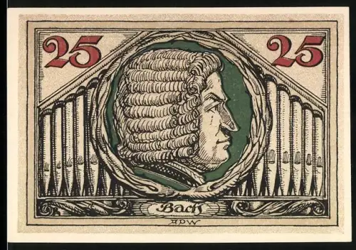 Notgeld Arnstadt 1921, 25 Pfennig, Bach-Porträt und Adlerwappen