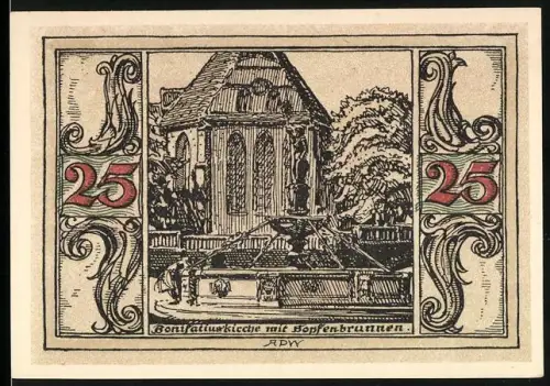 Notgeld Arnstadt 1921, 25 Pfennig, Bonifatiuskirche mit Hopfenbrunnen, mit Wappen