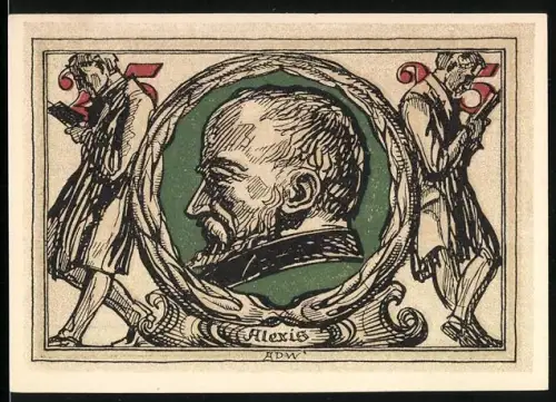 Notgeld Arnstadt 1921, 25 Pfennig, Porträt von Alexis und zwei lesende Männer, Stadtwappen