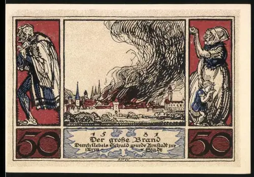 Notgeld Arnstadt 1921, 50 Pfennig, Darstellung des grossen Brandes von 1581 und Stadtwappen
