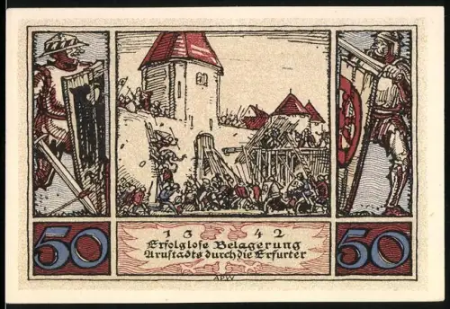 Notgeld Arnstadt 1921, 50 Pfennig, erfolglose Belagerung 1342, Stadtmauern und Krieger