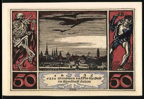 Notgeld Arnstadt 1921, 50 Pfennig, Skelett und Ortsansicht, Pestthema