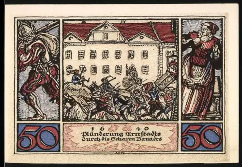 Notgeld Arnstadt 1921, 50 Pfennig, Plünderungsszene und Wappen mit Adler