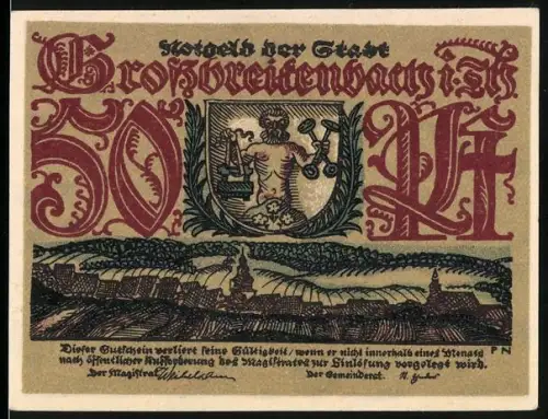 Notgeld Grossbreitenbach i. Th., 50 Pf, Wappen und Waldarbeiter mit Pferdewagen