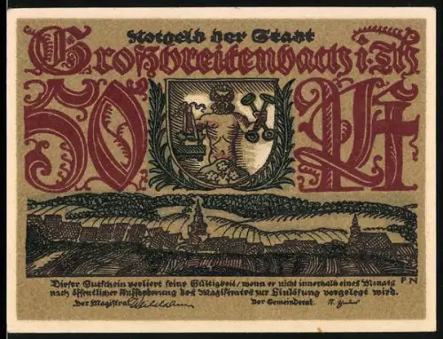 Notgeld Grossbreitenbach i. Th., 50 Pf, Wappen und Arbeiter bei der Glasbläserei und Schmiedearbeit