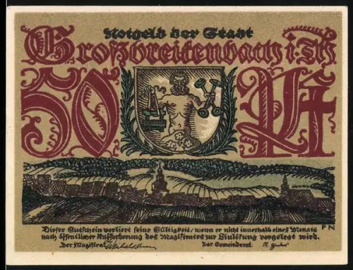 Notgeld Grossbreitenbach in Thüringen, 50 Pf, Ortsansicht und Handwerksdarstellungen