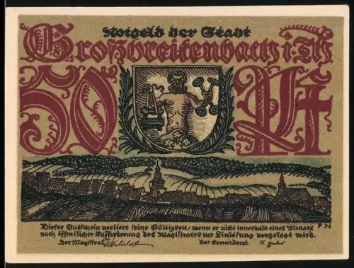 Notgeld Grossbreitenbach i. Th., 50 Pf, Ortsansicht und Porzellanindustrie