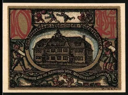Notgeld Grossbreitenbach i. Thüringen 1921, 10 Pf, Gebäude und Wappen mit Turm und floralen Verzierungen