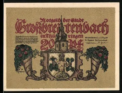 Notgeld Grossbreitenbach i. Thüringen 1921, 20 Pf, Stadtwappen und historische Szene mit Glocke und Schwein