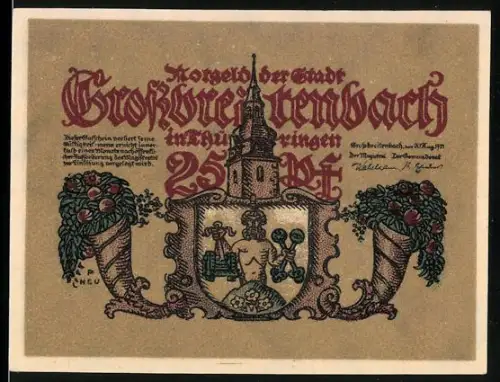 Notgeld Grossbreitenbach in Thüringen 1921, 25 Pf, Ortsansicht mit Wappen und Handwerksszenen