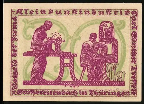 Notgeld Grossbreitenbach i. Thüringen 1922, 10 Pfennig, Handwerker bei der Arbeit und Merkurstab mit Löwe