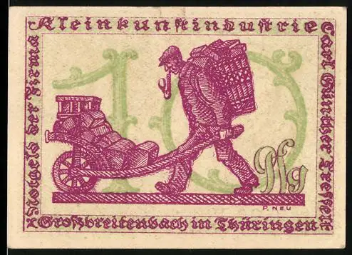 Notgeld Grossbreitenbach in Thüringen 1922, 10 Pfennig, Arbeiter mit Schubkarre und kleiner Teufel mit Zunftzeichen