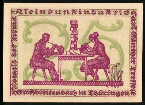 Notgeld Grossbreitenbach in Thüringen 1920, 25 Pfennig, zwei Arbeiterinnen in einer Werkstatt