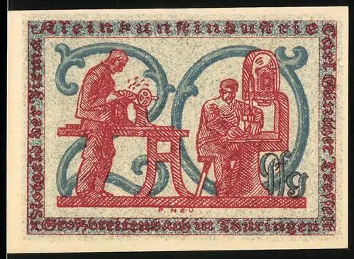 Notgeld Grossbreitenbach in Thüringen 1922, 75 Pfennig, Arbeiter an Maschinen und Fabelwesen mit Stab