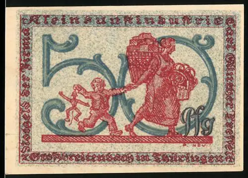 Notgeld Grossbreitenbach in Thüringen 1922, 50 Pfennig, Frau mit Korb und Kind, Ziegenbock mit Wappen und Merkurstab