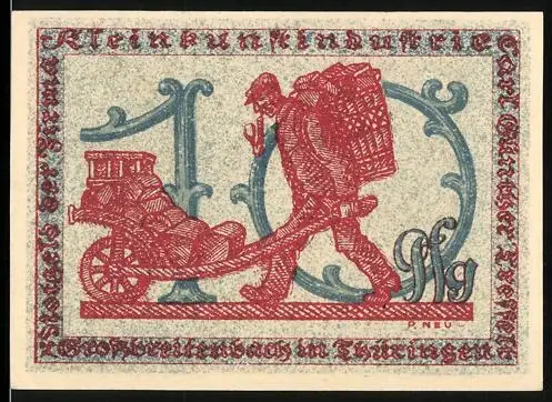 Notgeld Grossbreitenbach in Thüringen 1922, 10 Pfennig, Lastenträger mit Handkarren und Stadtwappen