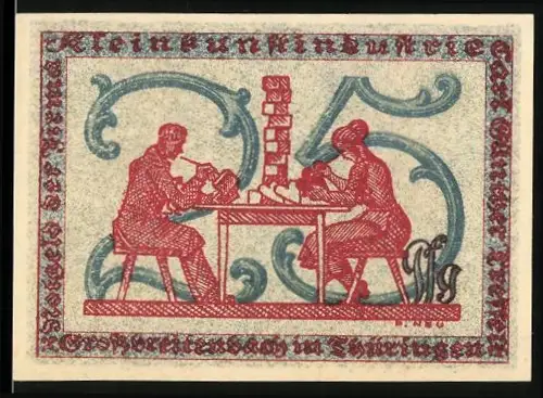 Notgeld Grossbreitenbach in Thüringen 1922, 25 Pfennig, zwei Menschen beim Kartenhausbauen, Teufel mit Stab und Schild