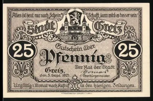 Notgeld Greiz 1921, 25 Pfennig, Ortsansicht und Oberes Schloss mit Tor und Turm