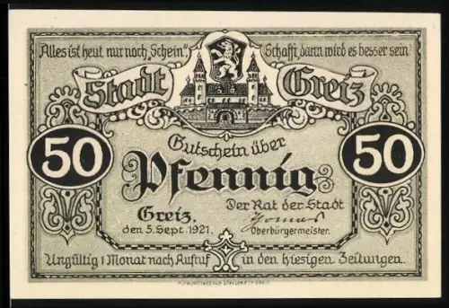Notgeld Greiz 1921, 50 Pfennig, Oberes Schloss und Ortsansicht mit Wappen
